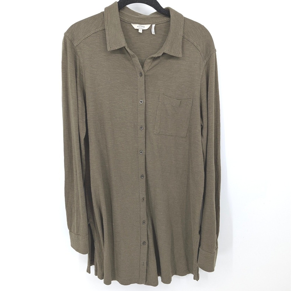 Fatface Button Down Shirt Women 12 Olive Green Long Sleeve Slub Knit Tunic Top‎
